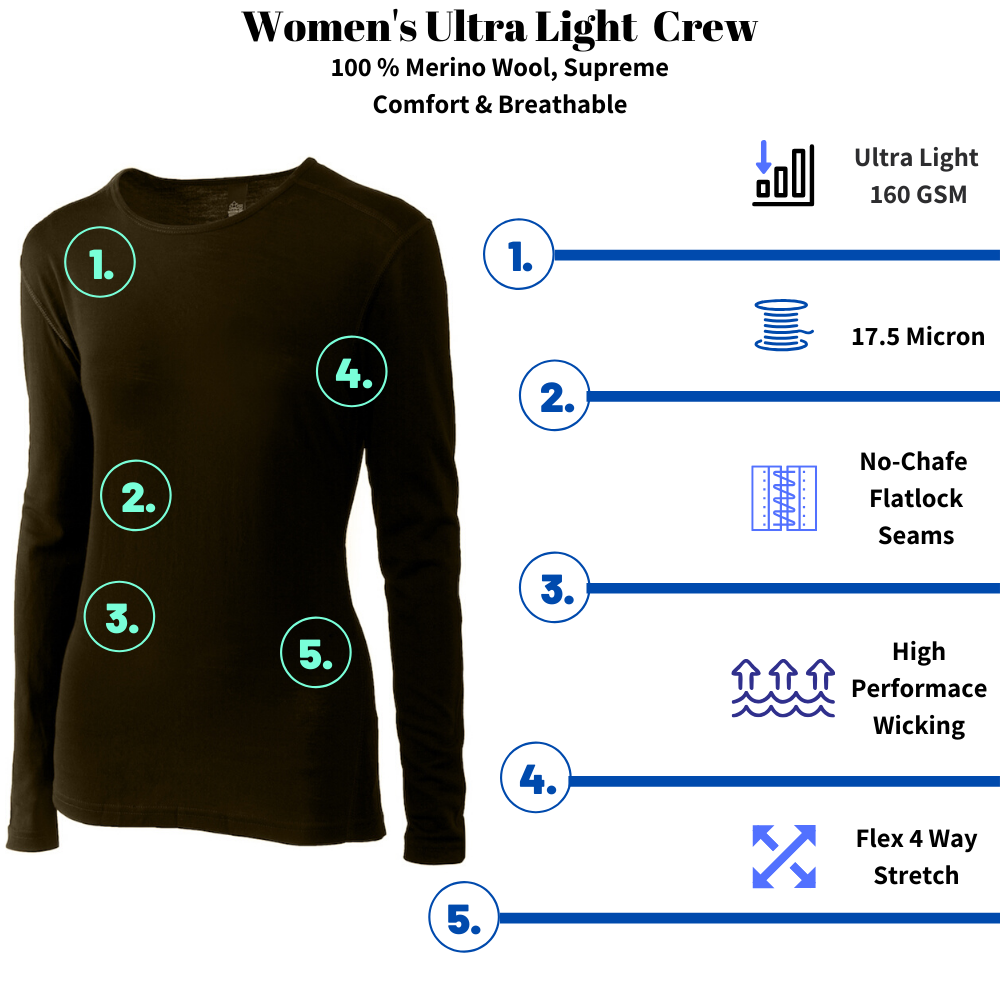 Merino Wool Women's Long Sleeve Top | Crew Neck Shirt