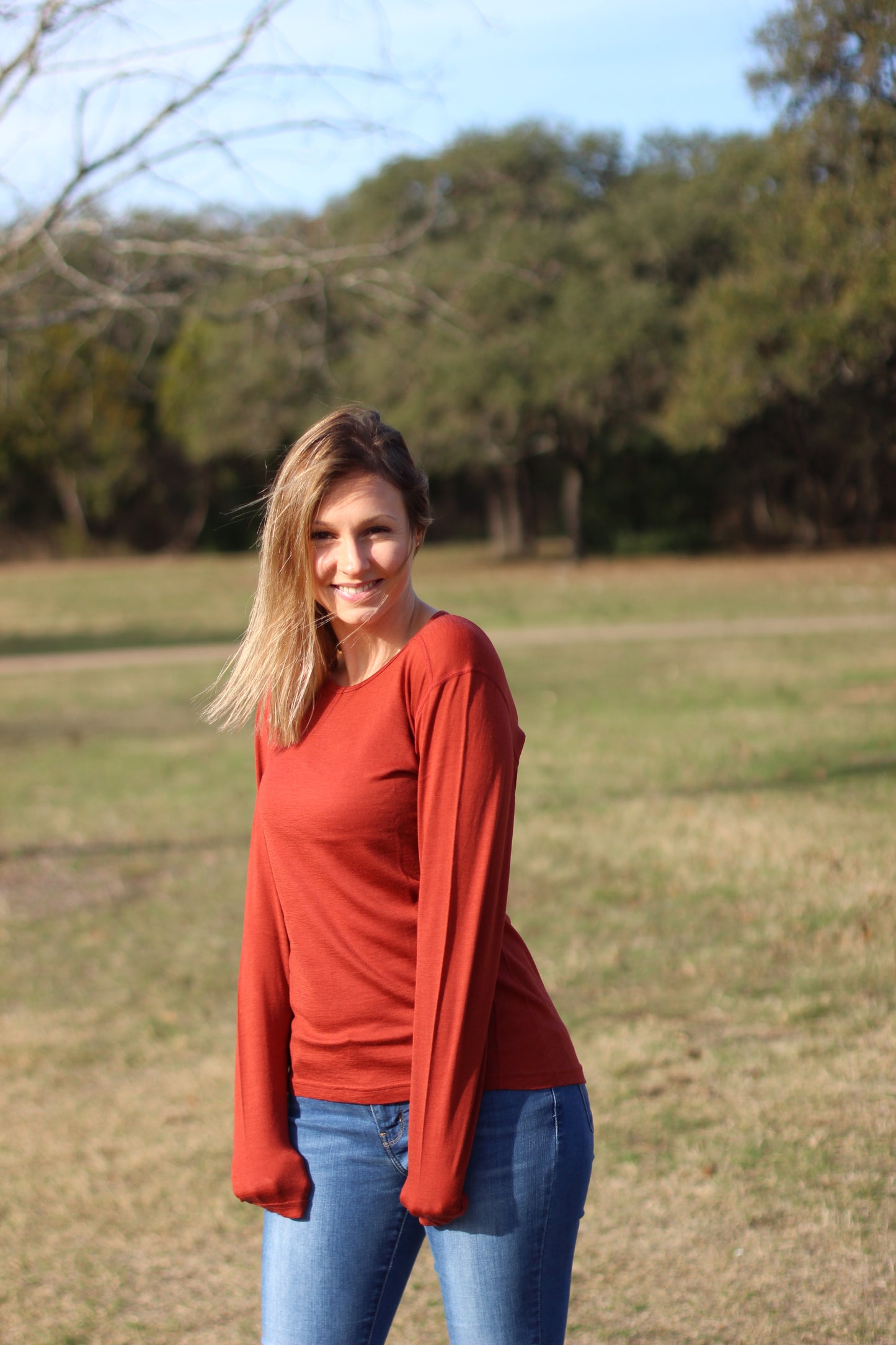 Merino Wool Women's Long Sleeve Top | Crew Neck Shirt | Rust Ochre
