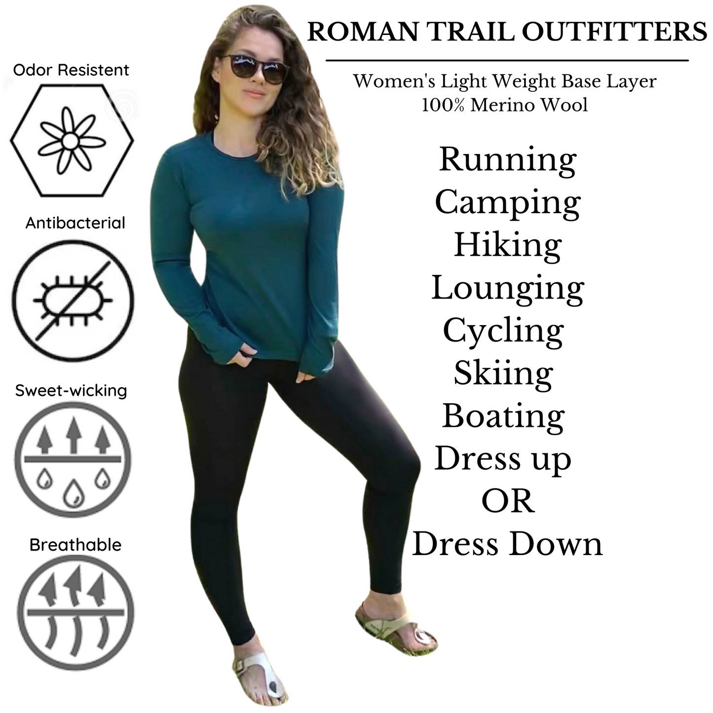 Merino Wool Women's Long Sleeve Top | Crew Neck Shirt | Atlantic Teal