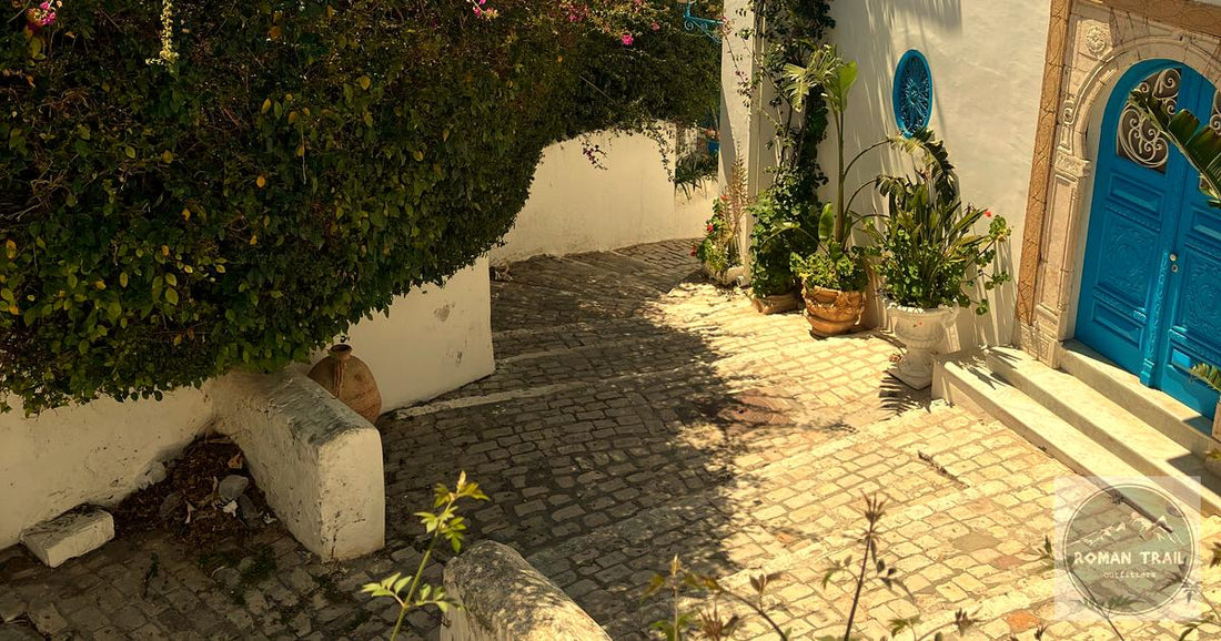 Blue door and white architecture in Sidi Bou Said, Tunisia at golden hour