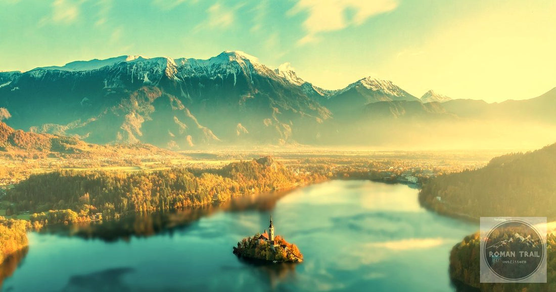 Lake Bled island church at golden hour with the Julian Alps in Slovenia
