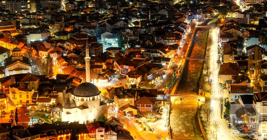 Prizren old town illuminated at night with Sinan Pasha Mosque in Kosovo