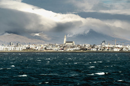Reykjavik skyline with Hallgrimskirkja church seen across the water, Iceland