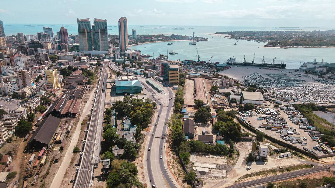 Aerial view of Dar es Salaam skyline and harbor, Tanzania