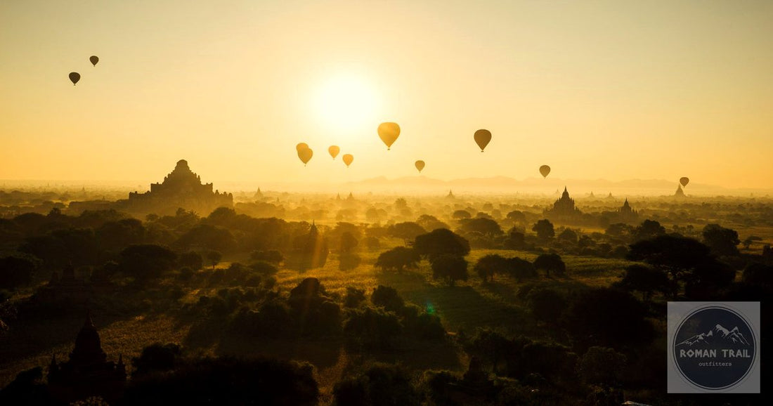Hot air balloons over Bagan temples at sunrise in Myanmar