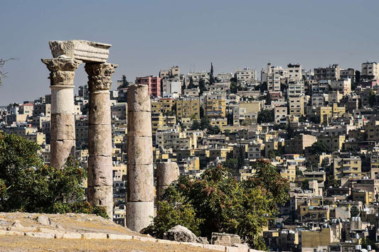 Ancient Roman columns at the Amman Citadel overlooking the city, Jordan