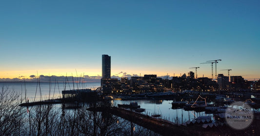 Sunset over the skyline and harbour of Aarhus, Denmark