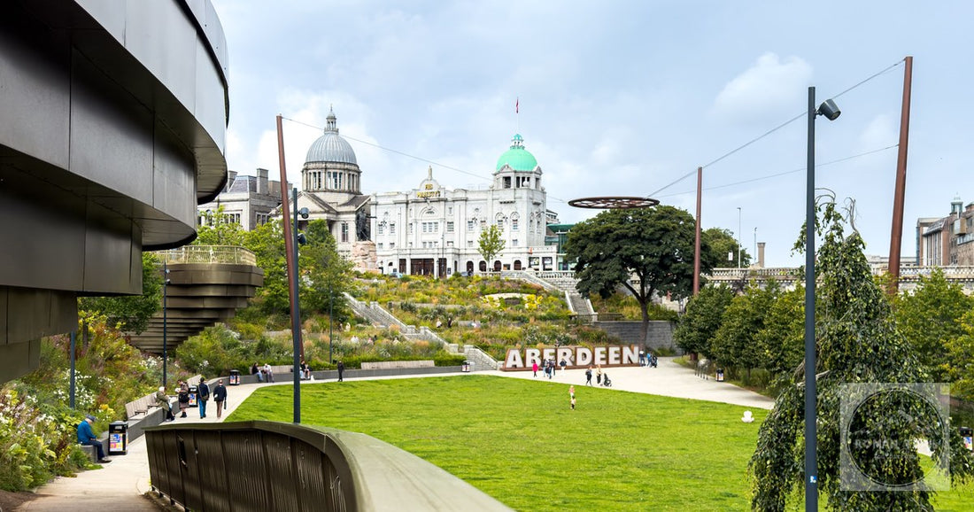 A city park and historic buildings in Aberdeen, Scotland