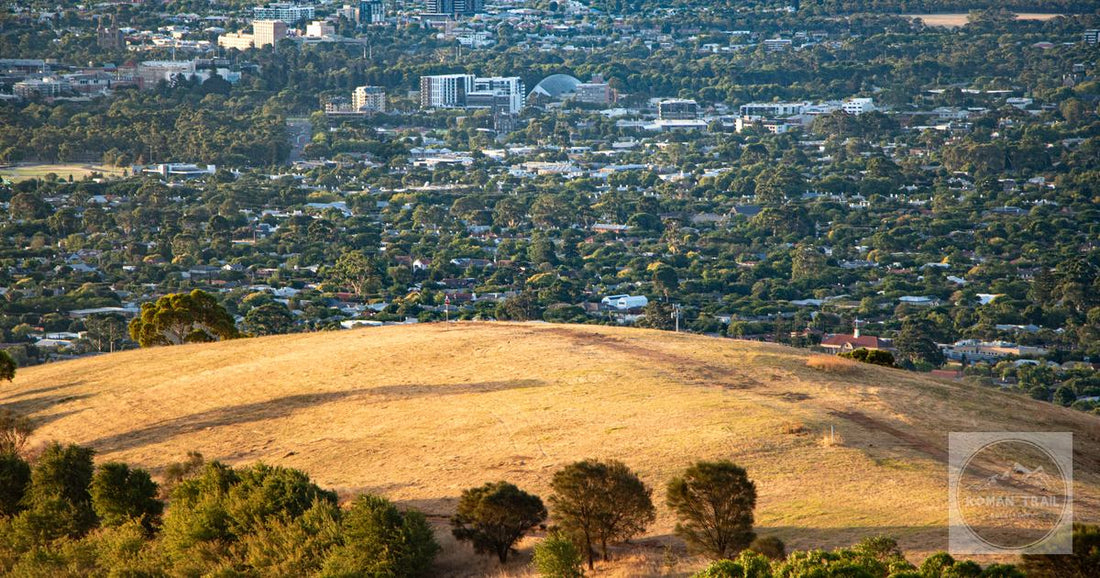Adelaide city skyline seen from the hills above it, South Australia