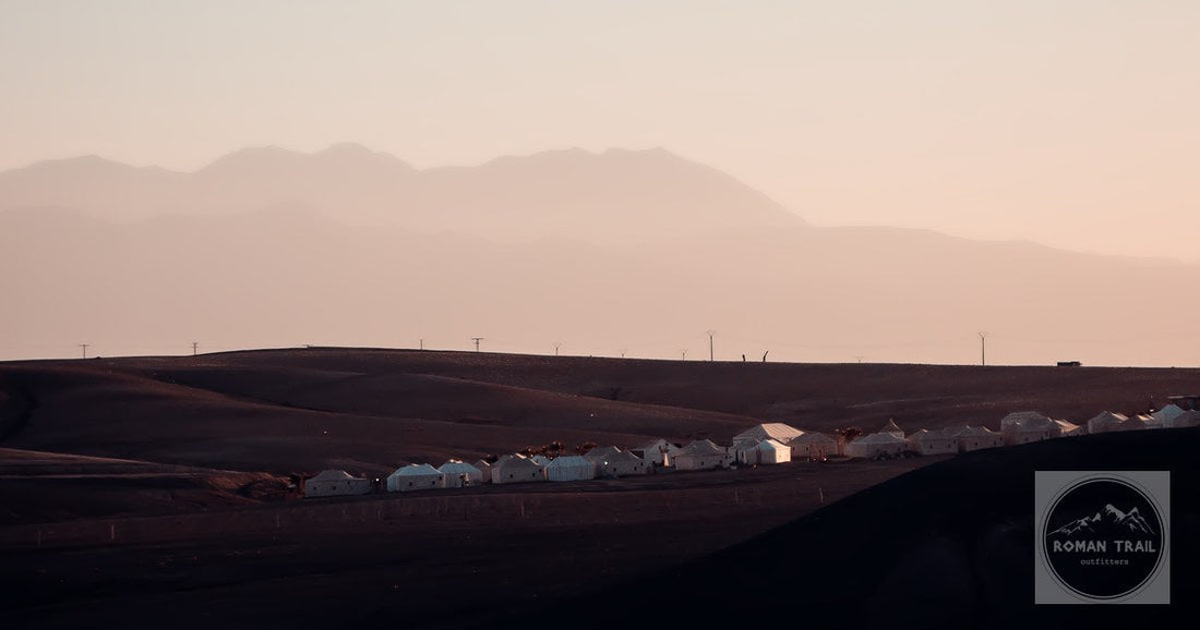 A village at sunset in the Agafay desert, Morocco
