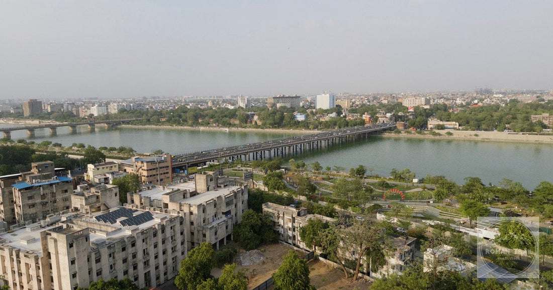 An aerial view of Ahmedabad and the Sabarmati River, Gujarat, India