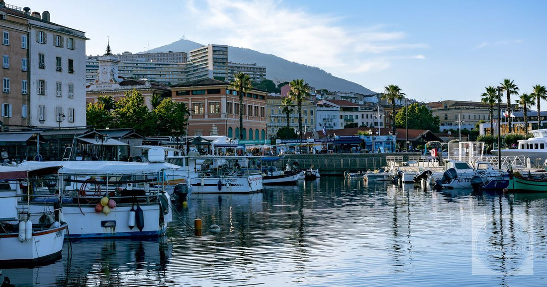 Peaceful harbor in Ajaccio, Corsica with moored boats reflecting cityscape and mountain backdrop.