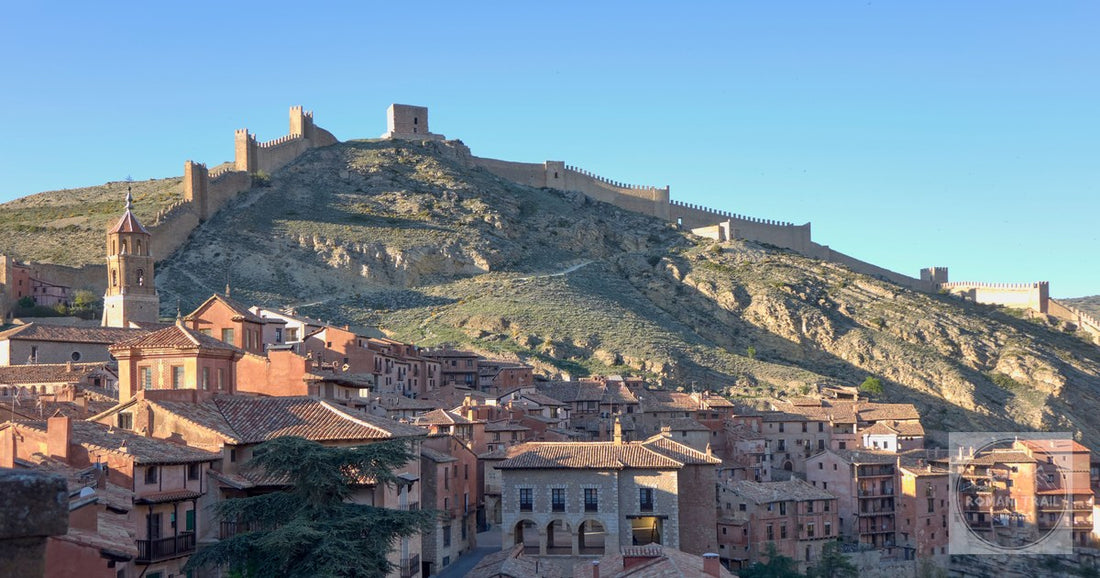 The walls and rooftops of Albarracín seen across the valley, Spain