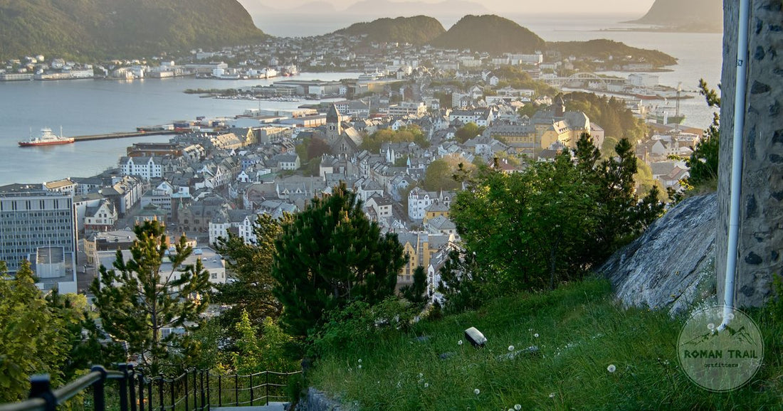 Aerial view of Alesund harbour and the surrounding islands, Norway