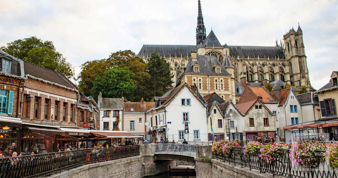 Amiens Cathedral above a canal and old houses, France