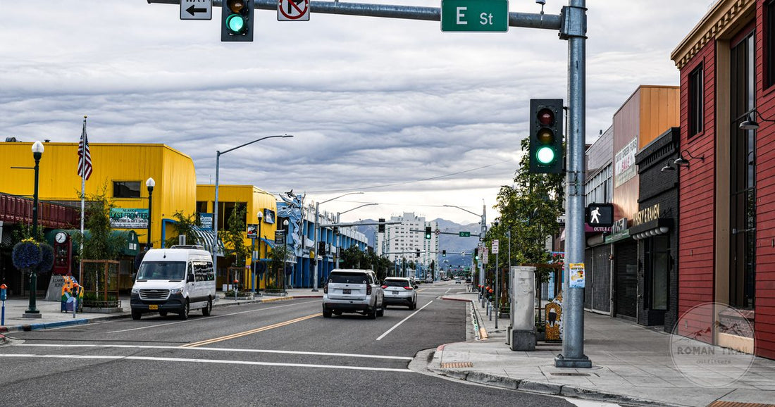 A downtown street in Anchorage, Alaska, on a bright morning