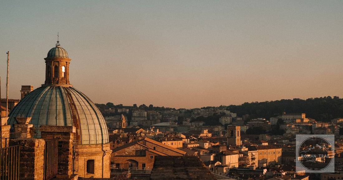 An aerial view of Ancona and its cathedral dome at sunset, Marche, Italy