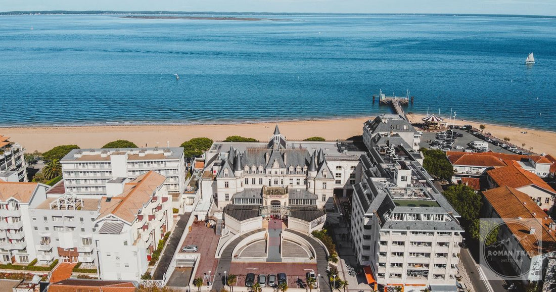 Aerial view capturing the stunning sea and coastline of Arcachon, featuring Casino de la Plage.