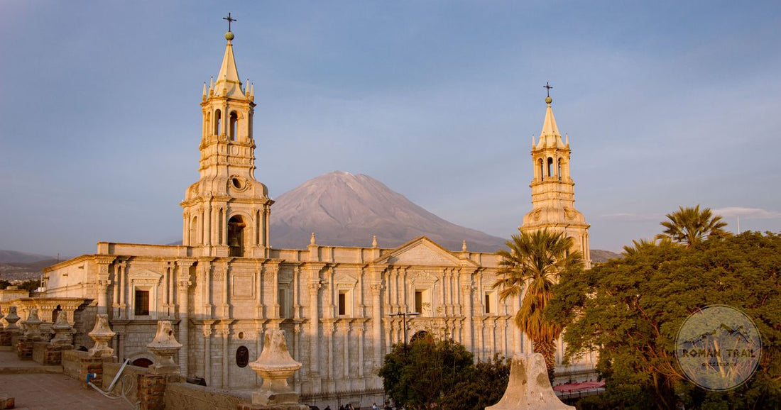 Arequipa Cathedral with the El Misti volcano behind it, Peru