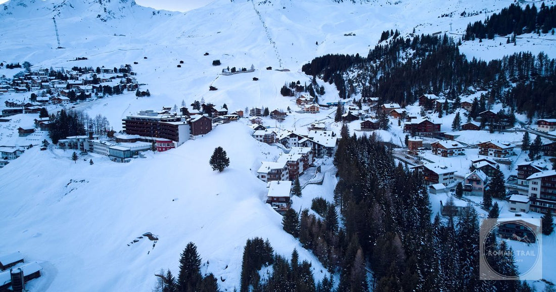 Arosa under snow with the mountains around it, Switzerland, from above