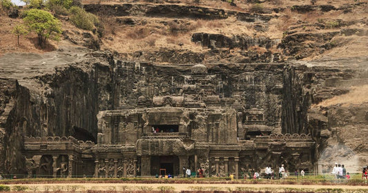 The rock cut facades of the Ellora Caves, Maharashtra, India
