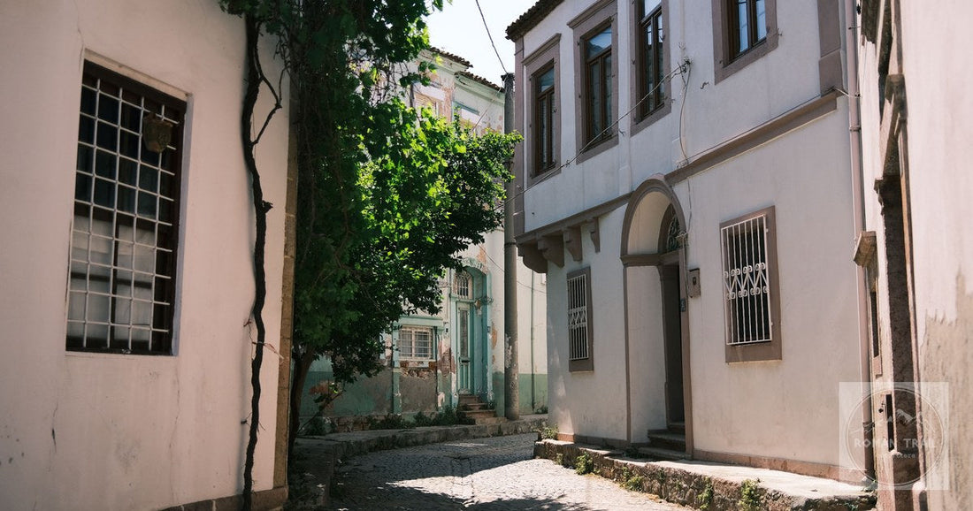 A sunlit alley of Ottoman houses in Ayvalik, Turkiye