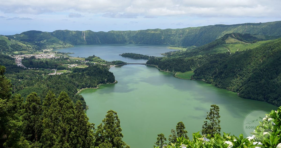 Aerial view of the Sete Cidades crater lakes on Sao Miguel, Azores