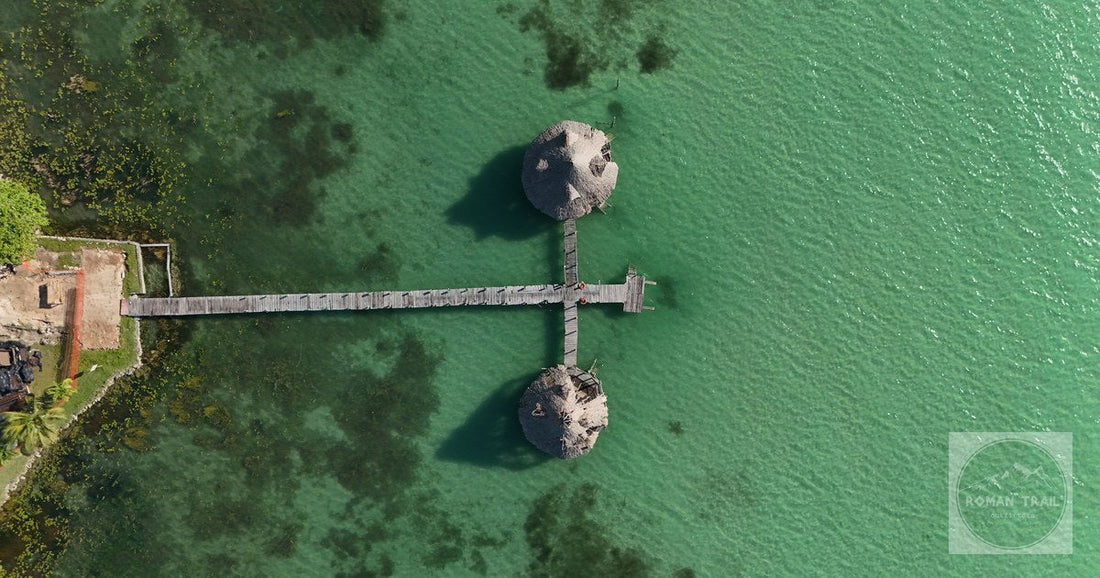An aerial view of the turquoise Bacalar lagoon, Quintana Roo, Mexico