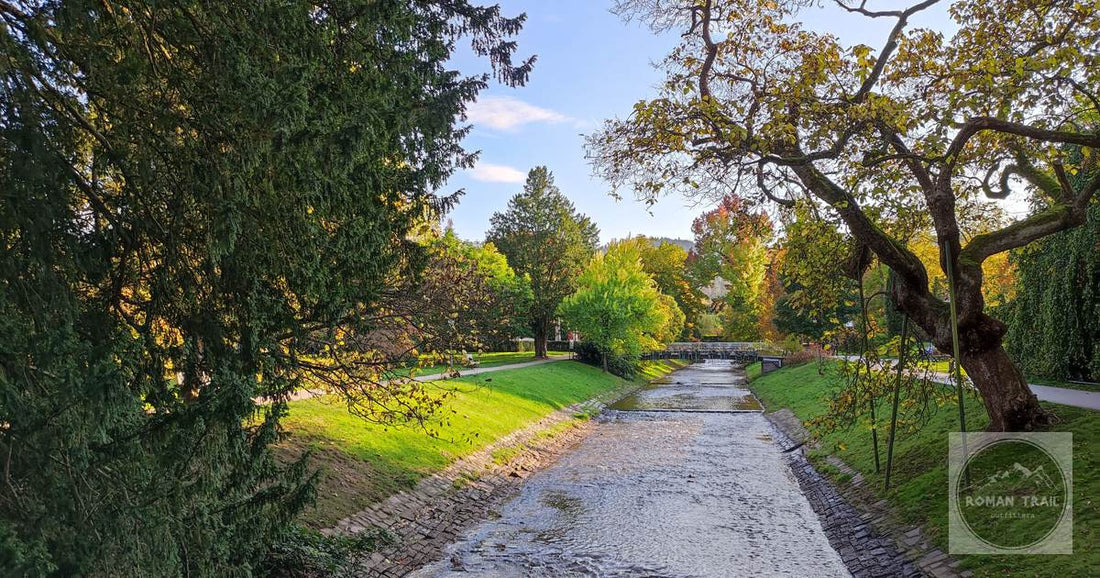 Idyllic view of a serene river flowing through a verdant park in Baden-Baden, Germany.