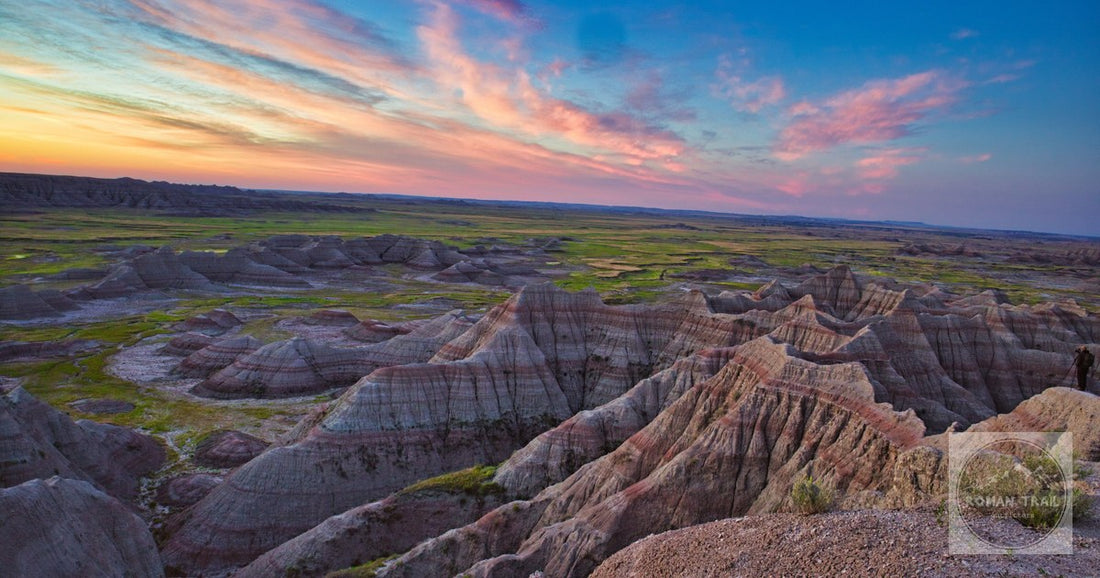Sunrise on the rock formations of Badlands National Park, South Dakota