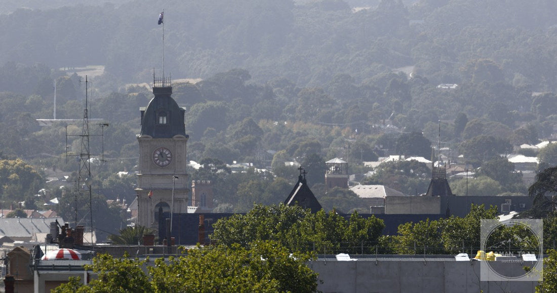 The Town Hall clock tower above the rooftops of Ballarat, Victoria