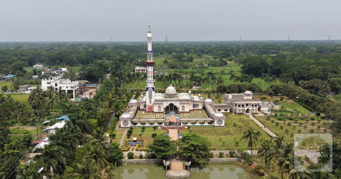 The Mosjidul Hakimia mosque among greenery at Barisal, Bangladesh, from the air