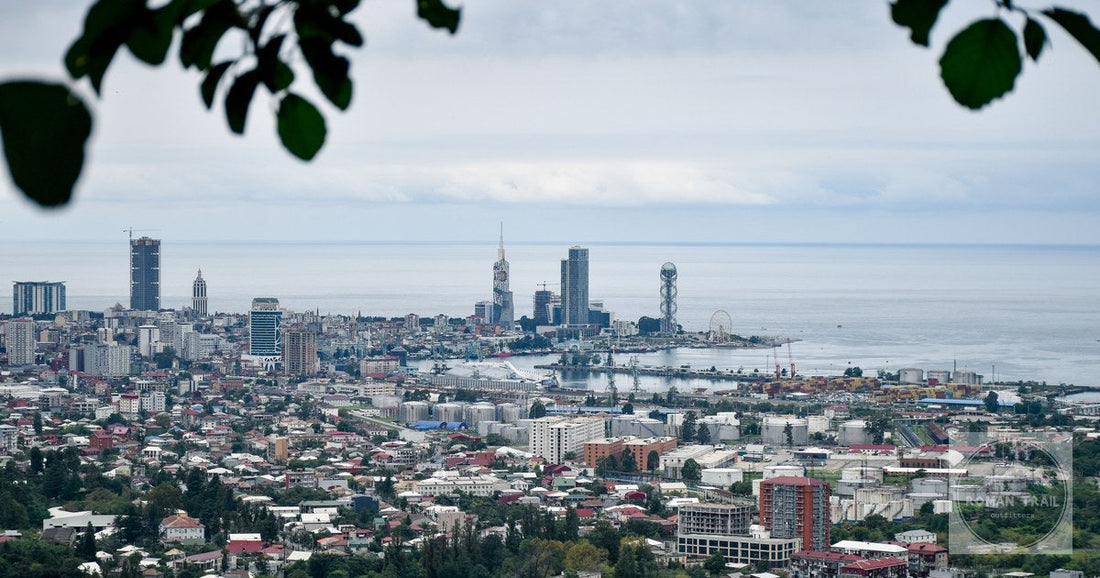 An aerial view of Batumi and the Black Sea coast, Georgia
