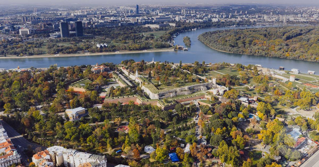 Aerial view of Kalemegdan Fortress and the Danube in Belgrade, Serbia