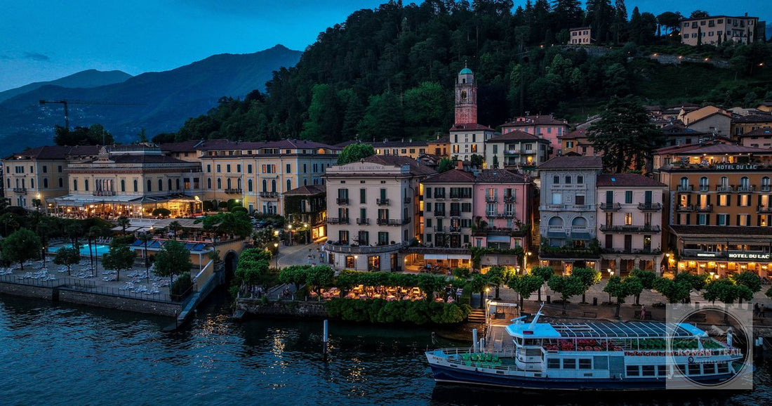Bellagio and its waterfront from the air in the evening, Lake Como