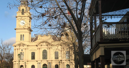 The gold rush Town Hall and an iron lace verandah in Bendigo, Victoria