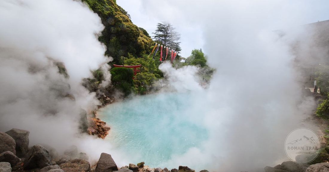A geothermal hot spring with rising steam at Beppu, Japan