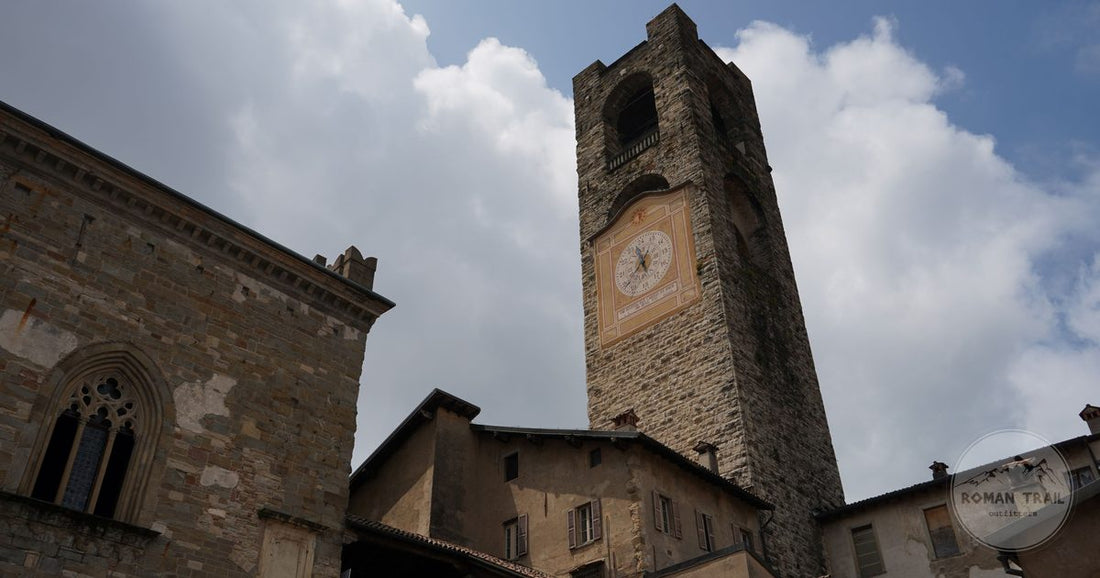 The clock tower in the Citta Alta of Bergamo, Lombardy, Italy