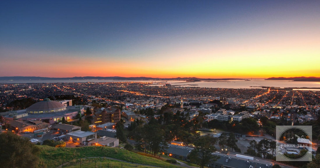 Berkeley, the Bay and the Golden Gate at dusk seen from the Berkeley Hills, California