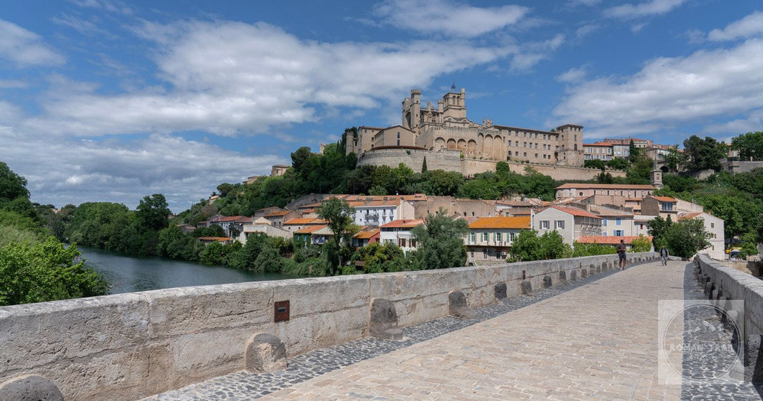 Beziers Cathedral on its hill above a stone bridge, France