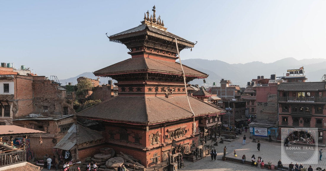 The Nyatapola Temple and Newari rooftops at Bhaktapur, Nepal, from the air