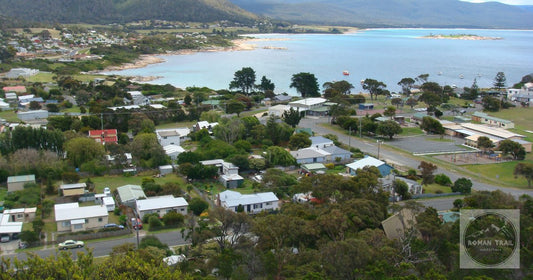 The township and bay seen from above at Bicheno, Tasmania