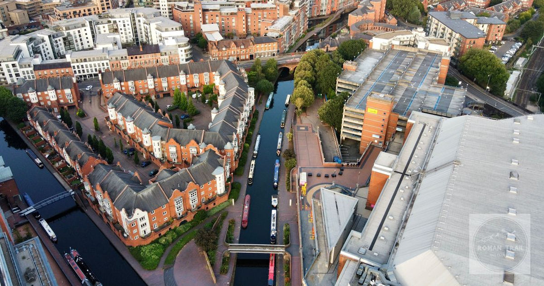 An aerial view of canals and buildings in Birmingham, England