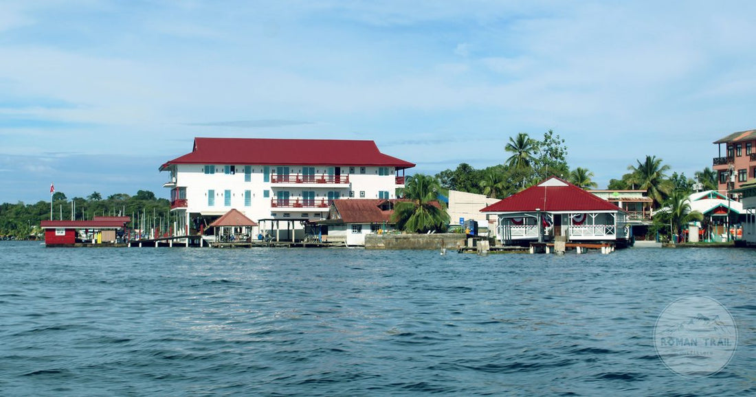 Red-roofed waterfront buildings and palms at Bocas del Toro, Panama