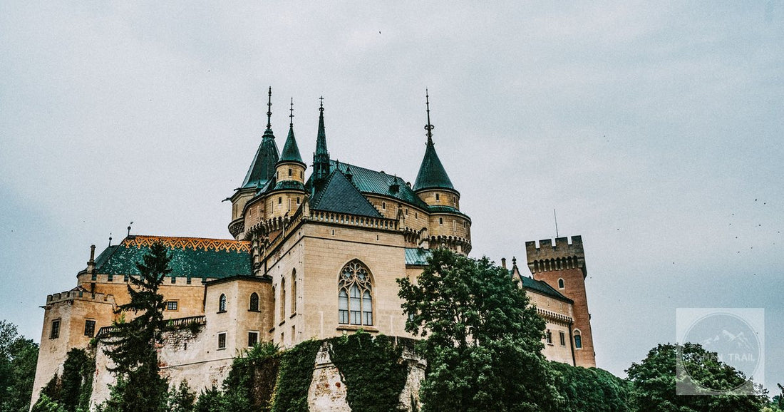 Bojnice Castle, Slovakia, its towers and turrets above the park.