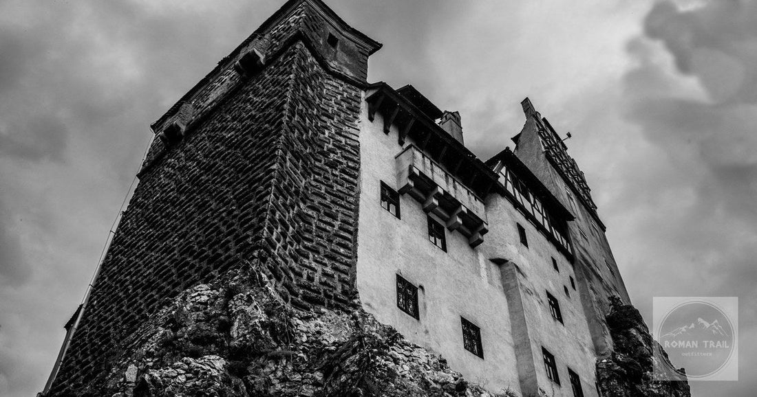 Bran Castle, Romania, in monochrome under a moody sky