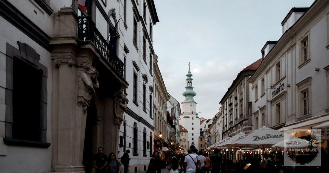 Michalska Street and Michael's Gate in Bratislava, the only one of the old town's four medieval gates still standing.
