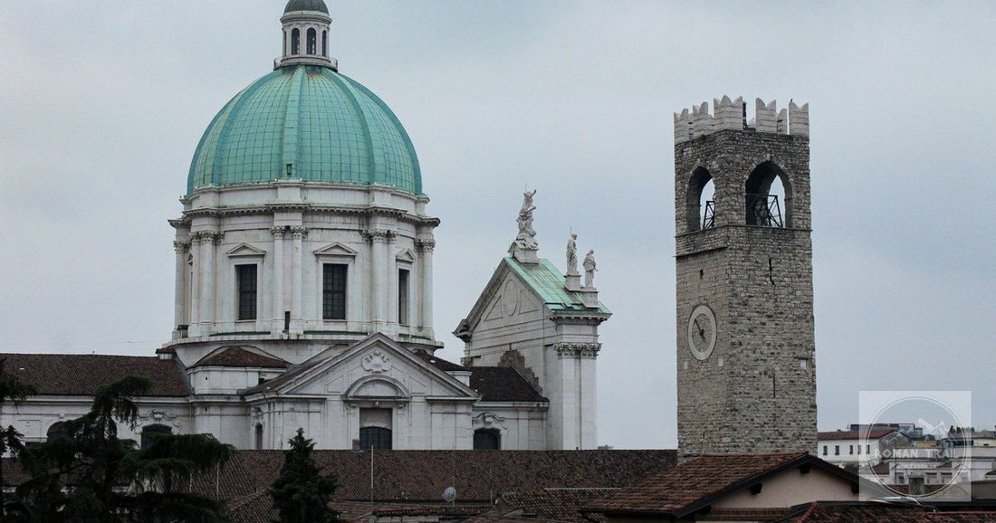 The new cathedral and medieval bell tower at Brescia, Italy