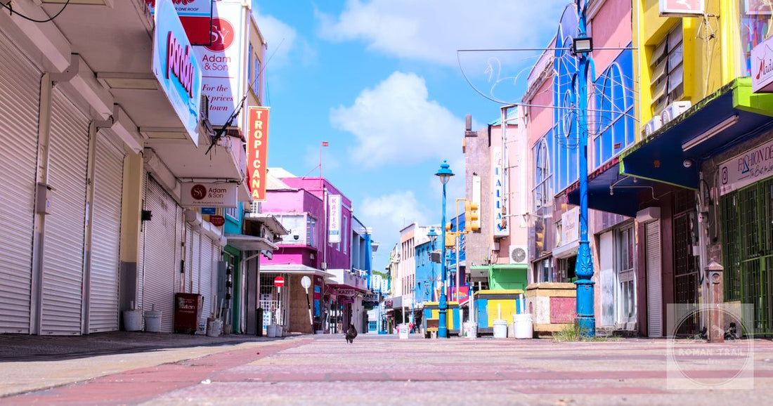 A vibrant street of colourful buildings in downtown Bridgetown, Barbados