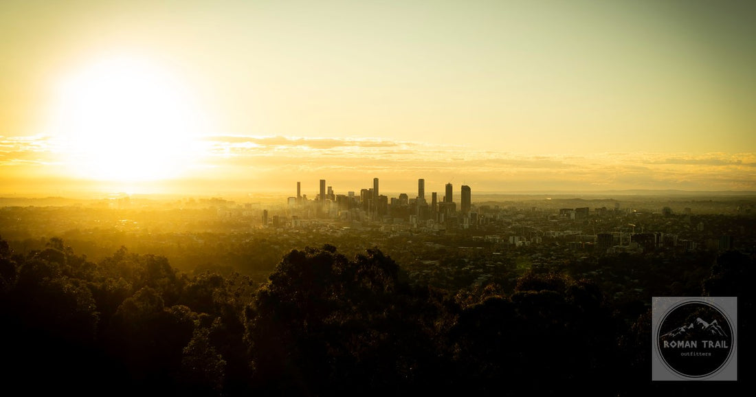 The Brisbane skyline at sunset from Mount Coot-tha, Queensland